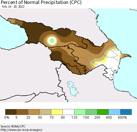 Azerbaijan, Armenia and Georgia Percent of Normal Precipitation (CPC) Thematic Map For 2/14/2022 - 2/20/2022