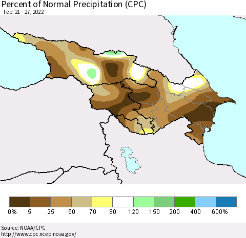 Azerbaijan, Armenia and Georgia Percent of Normal Precipitation (CPC) Thematic Map For 2/21/2022 - 2/27/2022