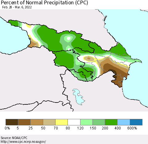 Azerbaijan, Armenia and Georgia Percent of Normal Precipitation (CPC) Thematic Map For 2/28/2022 - 3/6/2022