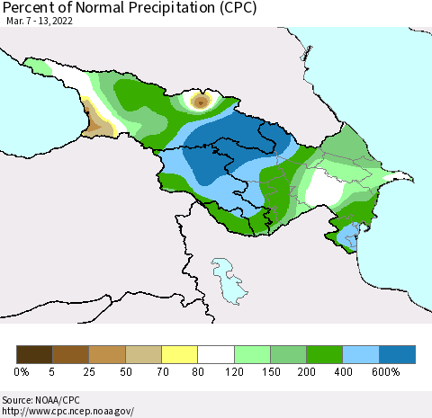 Azerbaijan, Armenia and Georgia Percent of Normal Precipitation (CPC) Thematic Map For 3/7/2022 - 3/13/2022