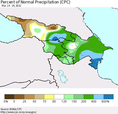 Azerbaijan, Armenia and Georgia Percent of Normal Precipitation (CPC) Thematic Map For 3/14/2022 - 3/20/2022