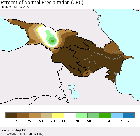 Azerbaijan, Armenia and Georgia Percent of Normal Precipitation (CPC) Thematic Map For 3/28/2022 - 4/3/2022