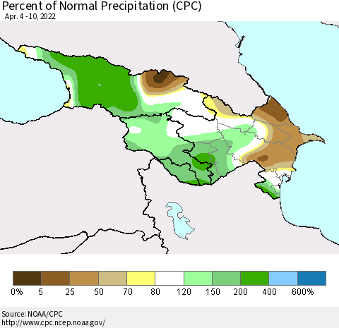 Azerbaijan, Armenia and Georgia Percent of Normal Precipitation (CPC) Thematic Map For 4/4/2022 - 4/10/2022