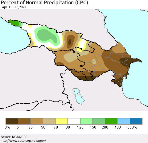 Azerbaijan, Armenia and Georgia Percent of Normal Precipitation (CPC) Thematic Map For 4/11/2022 - 4/17/2022