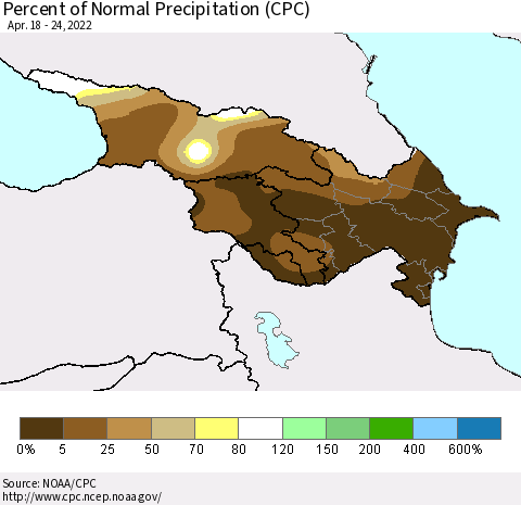 Azerbaijan, Armenia and Georgia Percent of Normal Precipitation (CPC) Thematic Map For 4/18/2022 - 4/24/2022