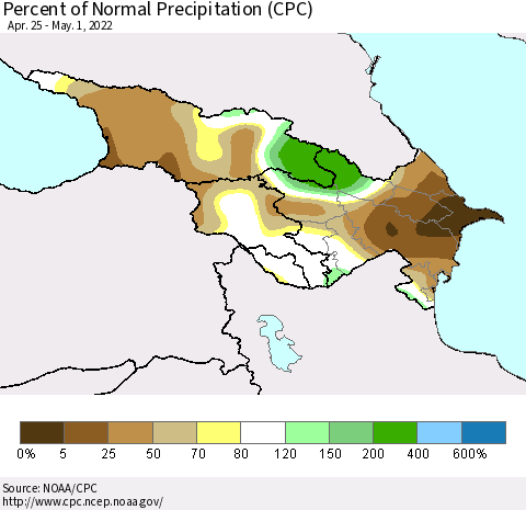 Azerbaijan, Armenia and Georgia Percent of Normal Precipitation (CPC) Thematic Map For 4/25/2022 - 5/1/2022