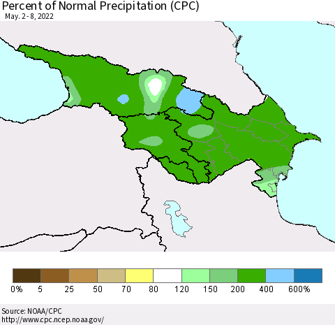 Azerbaijan, Armenia and Georgia Percent of Normal Precipitation (CPC) Thematic Map For 5/2/2022 - 5/8/2022
