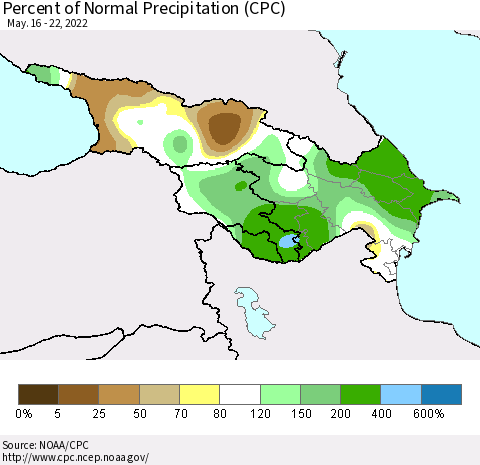 Azerbaijan, Armenia and Georgia Percent of Normal Precipitation (CPC) Thematic Map For 5/16/2022 - 5/22/2022