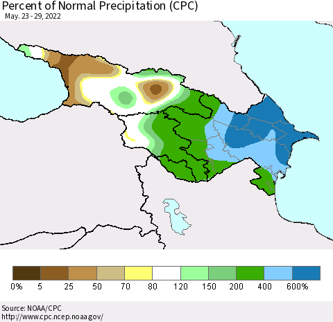 Azerbaijan, Armenia and Georgia Percent of Normal Precipitation (CPC) Thematic Map For 5/23/2022 - 5/29/2022