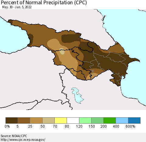 Azerbaijan, Armenia and Georgia Percent of Normal Precipitation (CPC) Thematic Map For 5/30/2022 - 6/5/2022