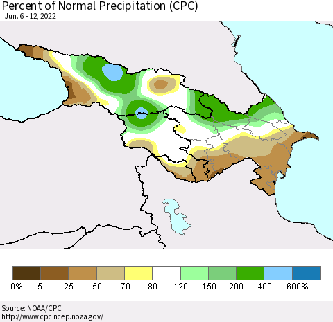 Azerbaijan, Armenia and Georgia Percent of Normal Precipitation (CPC) Thematic Map For 6/6/2022 - 6/12/2022