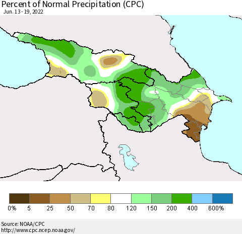 Azerbaijan, Armenia and Georgia Percent of Normal Precipitation (CPC) Thematic Map For 6/13/2022 - 6/19/2022