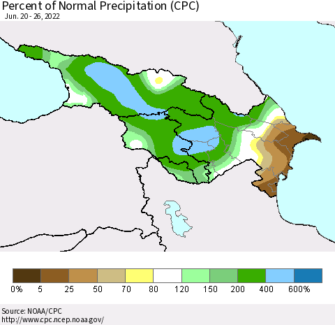 Azerbaijan, Armenia and Georgia Percent of Normal Precipitation (CPC) Thematic Map For 6/20/2022 - 6/26/2022