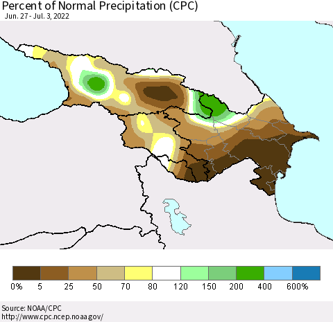Azerbaijan, Armenia and Georgia Percent of Normal Precipitation (CPC) Thematic Map For 6/27/2022 - 7/3/2022