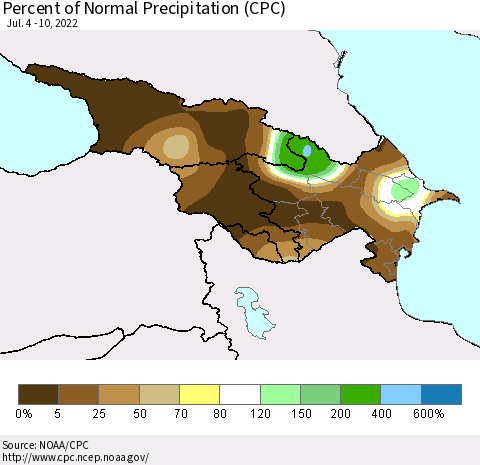 Azerbaijan, Armenia and Georgia Percent of Normal Precipitation (CPC) Thematic Map For 7/4/2022 - 7/10/2022