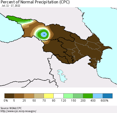 Azerbaijan, Armenia and Georgia Percent of Normal Precipitation (CPC) Thematic Map For 7/11/2022 - 7/17/2022