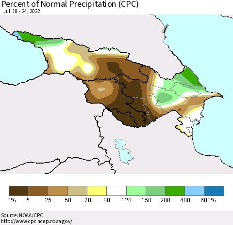 Azerbaijan, Armenia and Georgia Percent of Normal Precipitation (CPC) Thematic Map For 7/18/2022 - 7/24/2022