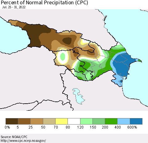 Azerbaijan, Armenia and Georgia Percent of Normal Precipitation (CPC) Thematic Map For 7/25/2022 - 7/31/2022