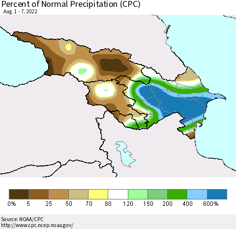 Azerbaijan, Armenia and Georgia Percent of Normal Precipitation (CPC) Thematic Map For 8/1/2022 - 8/7/2022