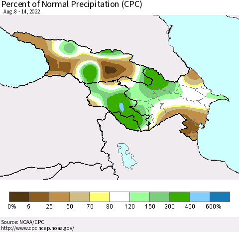 Azerbaijan, Armenia and Georgia Percent of Normal Precipitation (CPC) Thematic Map For 8/8/2022 - 8/14/2022