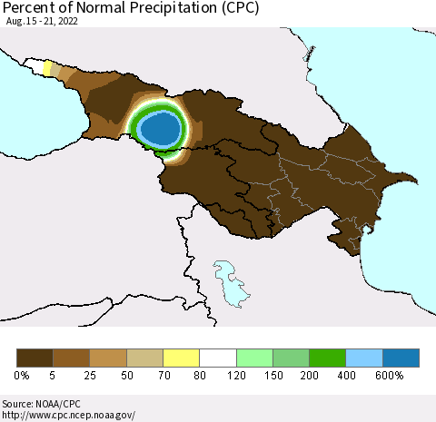 Azerbaijan, Armenia and Georgia Percent of Normal Precipitation (CPC) Thematic Map For 8/15/2022 - 8/21/2022