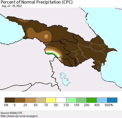 Azerbaijan, Armenia and Georgia Percent of Normal Precipitation (CPC) Thematic Map For 8/22/2022 - 8/28/2022