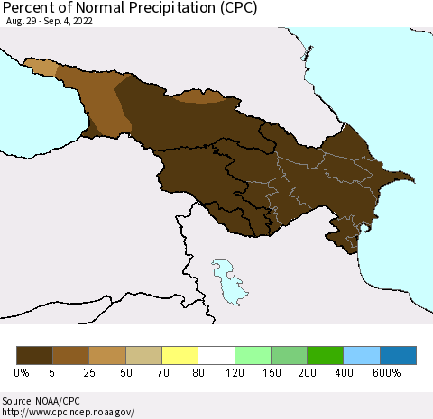 Azerbaijan, Armenia and Georgia Percent of Normal Precipitation (CPC) Thematic Map For 8/29/2022 - 9/4/2022