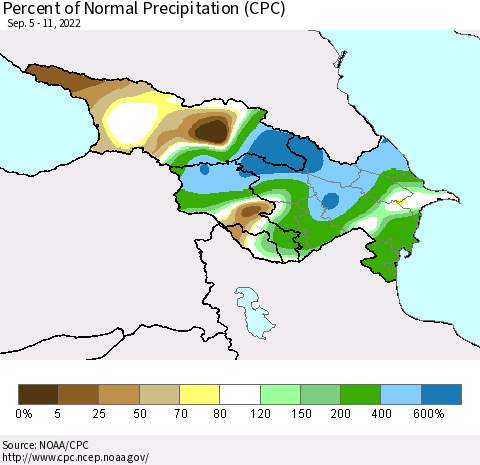 Azerbaijan, Armenia and Georgia Percent of Normal Precipitation (CPC) Thematic Map For 9/5/2022 - 9/11/2022