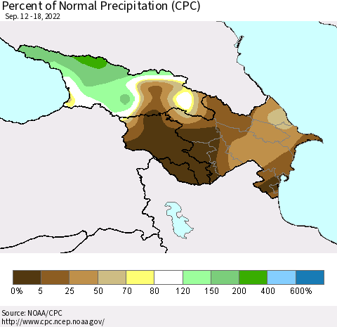 Azerbaijan, Armenia and Georgia Percent of Normal Precipitation (CPC) Thematic Map For 9/12/2022 - 9/18/2022