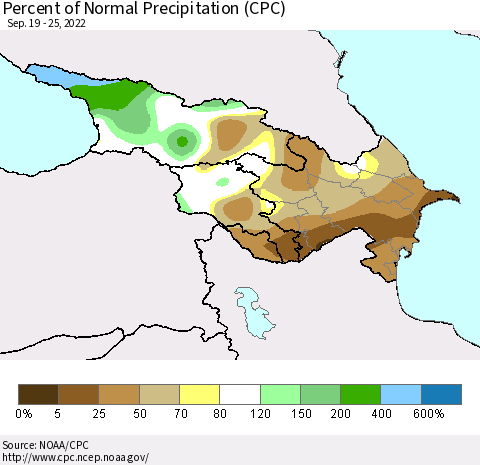 Azerbaijan, Armenia and Georgia Percent of Normal Precipitation (CPC) Thematic Map For 9/19/2022 - 9/25/2022