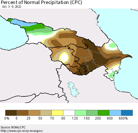 Azerbaijan, Armenia and Georgia Percent of Normal Precipitation (CPC) Thematic Map For 10/3/2022 - 10/9/2022