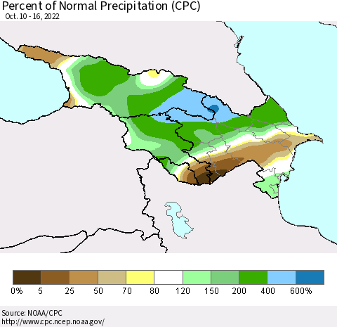 Azerbaijan, Armenia and Georgia Percent of Normal Precipitation (CPC) Thematic Map For 10/10/2022 - 10/16/2022