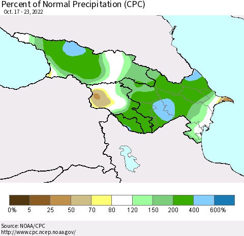 Azerbaijan, Armenia and Georgia Percent of Normal Precipitation (CPC) Thematic Map For 10/17/2022 - 10/23/2022