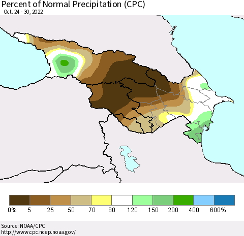 Azerbaijan, Armenia and Georgia Percent of Normal Precipitation (CPC) Thematic Map For 10/24/2022 - 10/30/2022