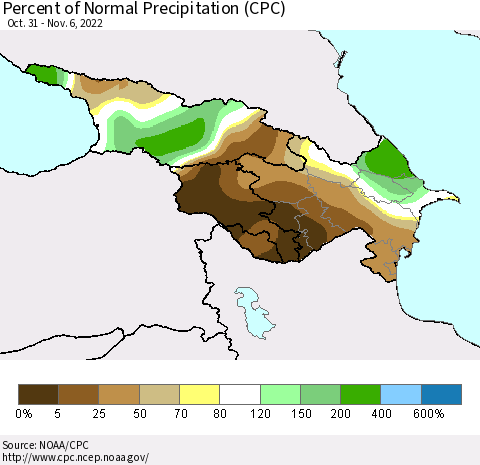 Azerbaijan, Armenia and Georgia Percent of Normal Precipitation (CPC) Thematic Map For 10/31/2022 - 11/6/2022