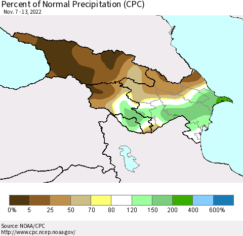 Azerbaijan, Armenia and Georgia Percent of Normal Precipitation (CPC) Thematic Map For 11/7/2022 - 11/13/2022