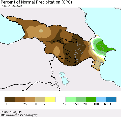 Azerbaijan, Armenia and Georgia Percent of Normal Precipitation (CPC) Thematic Map For 11/14/2022 - 11/20/2022