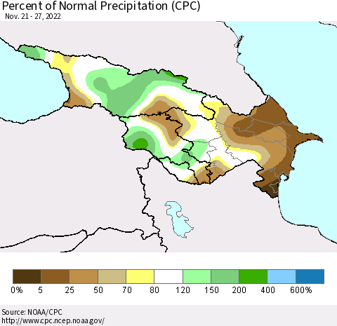 Azerbaijan, Armenia and Georgia Percent of Normal Precipitation (CPC) Thematic Map For 11/21/2022 - 11/27/2022