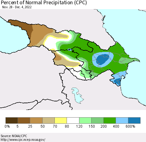 Azerbaijan, Armenia and Georgia Percent of Normal Precipitation (CPC) Thematic Map For 11/28/2022 - 12/4/2022