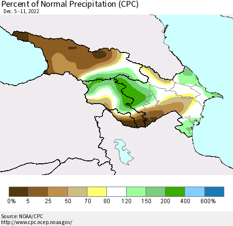 Azerbaijan, Armenia and Georgia Percent of Normal Precipitation (CPC) Thematic Map For 12/5/2022 - 12/11/2022