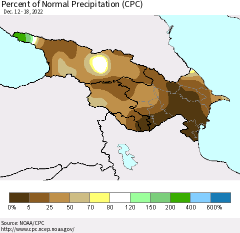 Azerbaijan, Armenia and Georgia Percent of Normal Precipitation (CPC) Thematic Map For 12/12/2022 - 12/18/2022