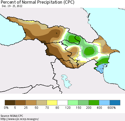 Azerbaijan, Armenia and Georgia Percent of Normal Precipitation (CPC) Thematic Map For 12/19/2022 - 12/25/2022