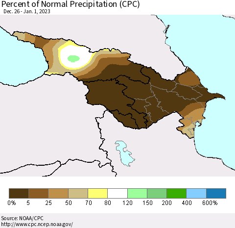 Azerbaijan, Armenia and Georgia Percent of Normal Precipitation (CPC) Thematic Map For 12/26/2022 - 1/1/2023
