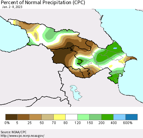 Azerbaijan, Armenia and Georgia Percent of Normal Precipitation (CPC) Thematic Map For 1/2/2023 - 1/8/2023