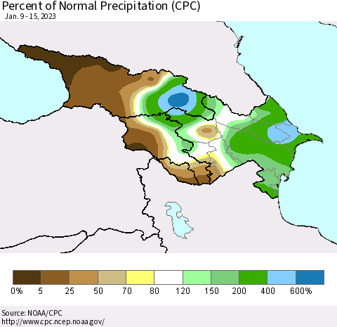 Azerbaijan, Armenia and Georgia Percent of Normal Precipitation (CPC) Thematic Map For 1/9/2023 - 1/15/2023