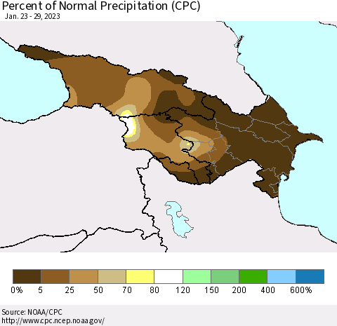 Azerbaijan, Armenia and Georgia Percent of Normal Precipitation (CPC) Thematic Map For 1/23/2023 - 1/29/2023