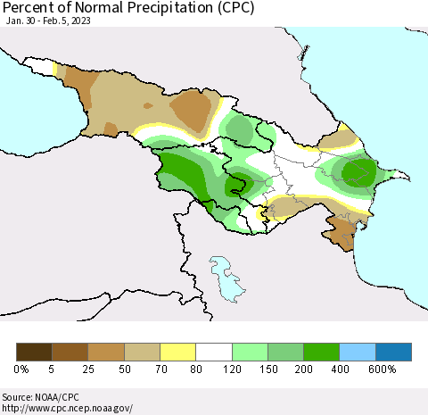 Azerbaijan, Armenia and Georgia Percent of Normal Precipitation (CPC) Thematic Map For 1/30/2023 - 2/5/2023