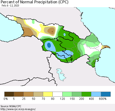 Azerbaijan, Armenia and Georgia Percent of Normal Precipitation (CPC) Thematic Map For 2/6/2023 - 2/12/2023
