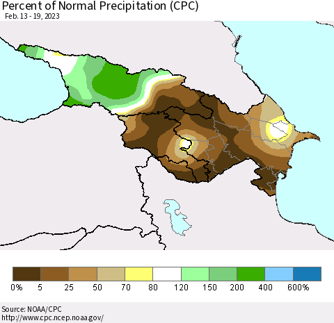 Azerbaijan, Armenia and Georgia Percent of Normal Precipitation (CPC) Thematic Map For 2/13/2023 - 2/19/2023