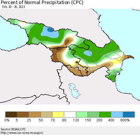 Azerbaijan, Armenia and Georgia Percent of Normal Precipitation (CPC) Thematic Map For 2/20/2023 - 2/26/2023